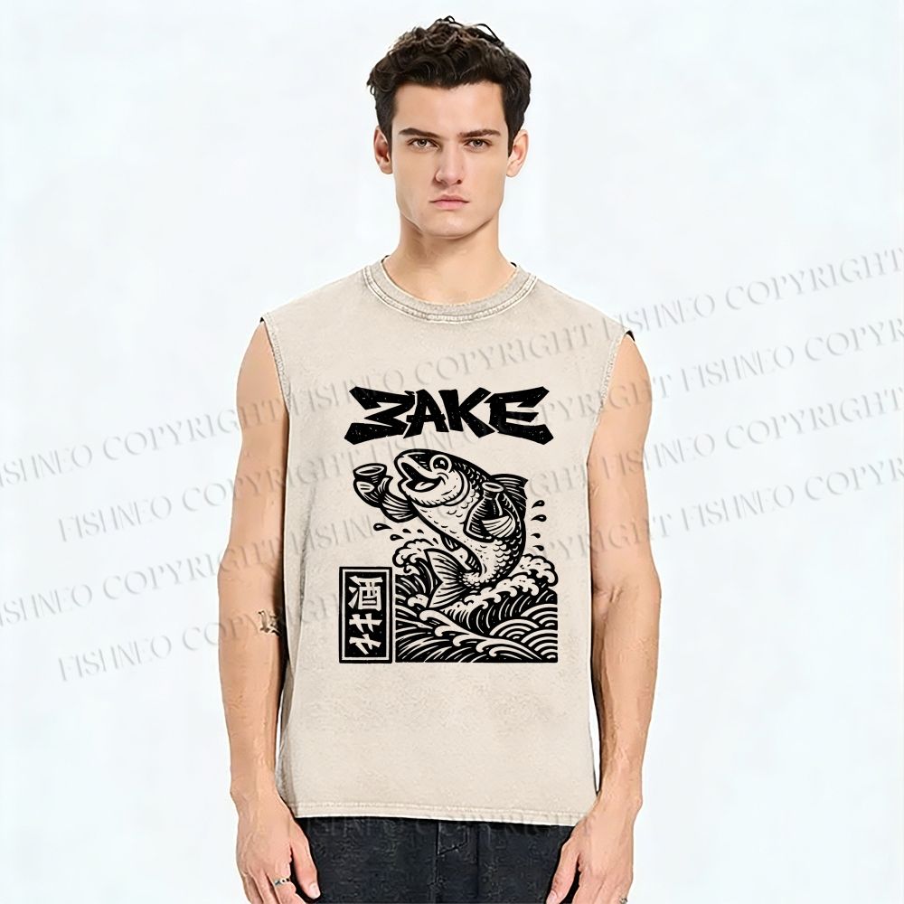 Unisex Sake Carp Printed Washed Tank Top