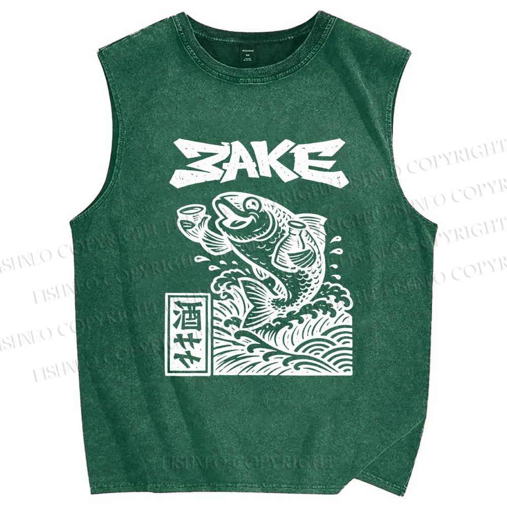Unisex Sake Carp Printed Washed Tank Top