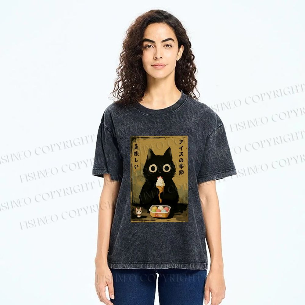 Unisex Ice Cream Season Cat Printed Washed Tee