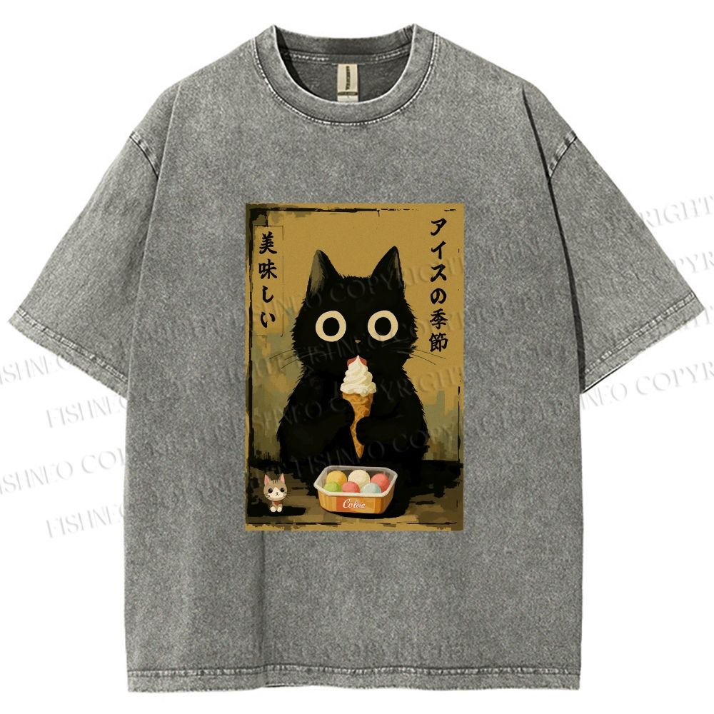 Unisex Ice Cream Season Cat Printed Washed Tee