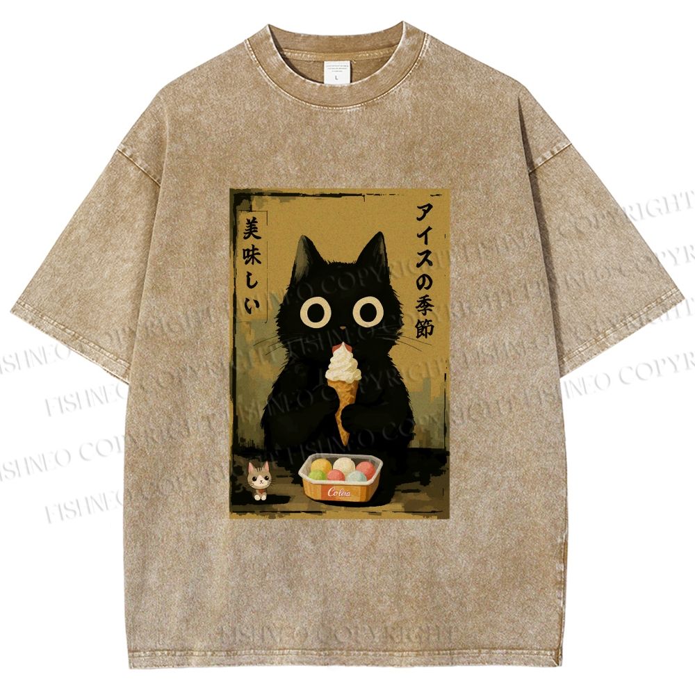 Unisex Ice Cream Season Cat Printed Washed Tee