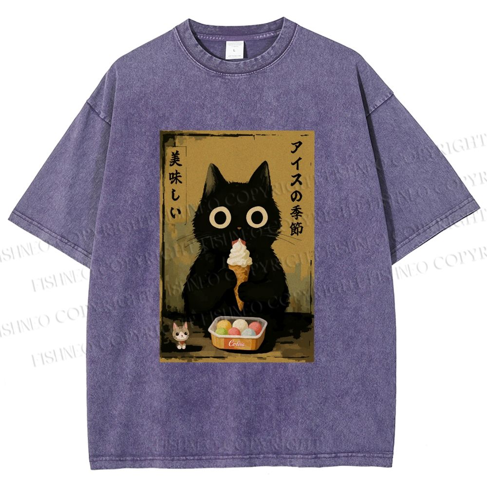 Unisex Ice Cream Season Cat Printed Washed Tee