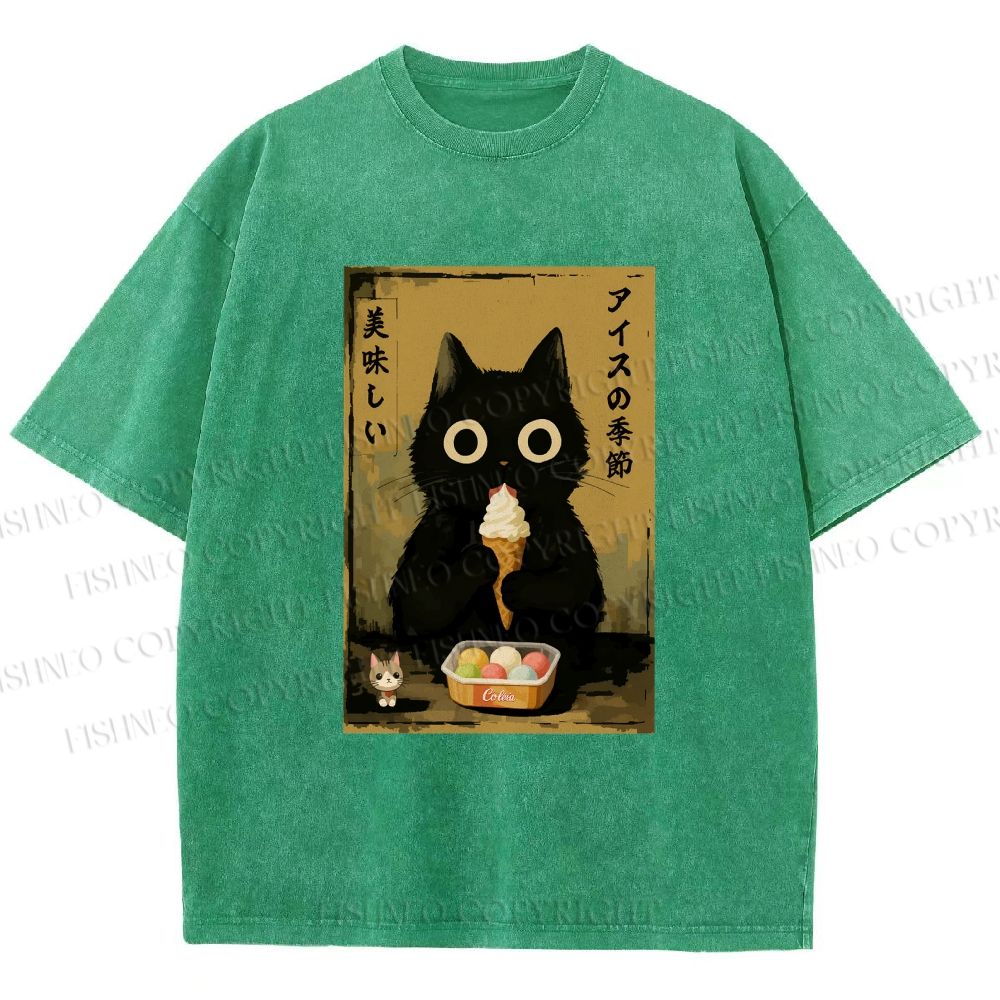 Unisex Ice Cream Season Cat Printed Washed Tee