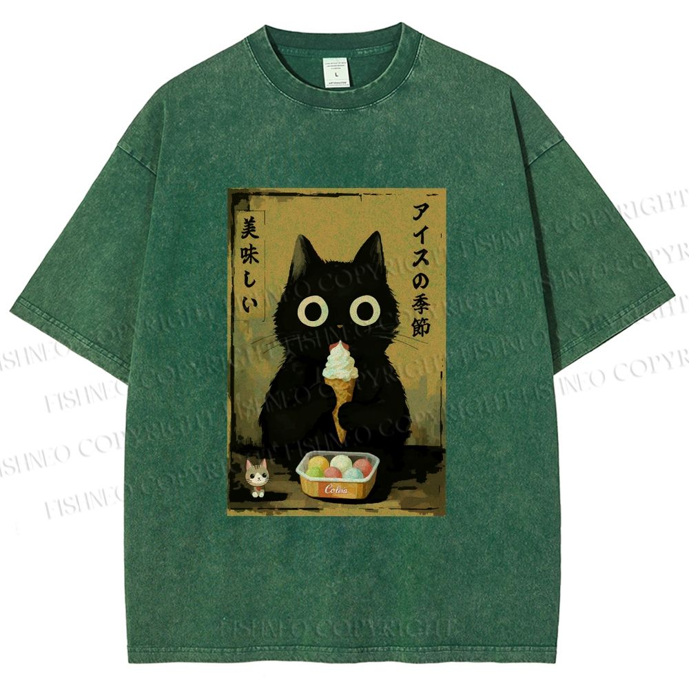 Unisex Ice Cream Season Cat Printed Washed Tee