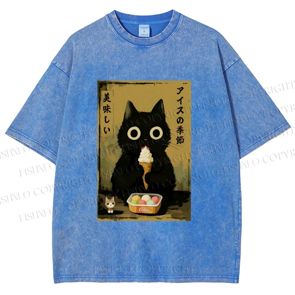 Unisex Ice Cream Season Cat Printed Washed Tee