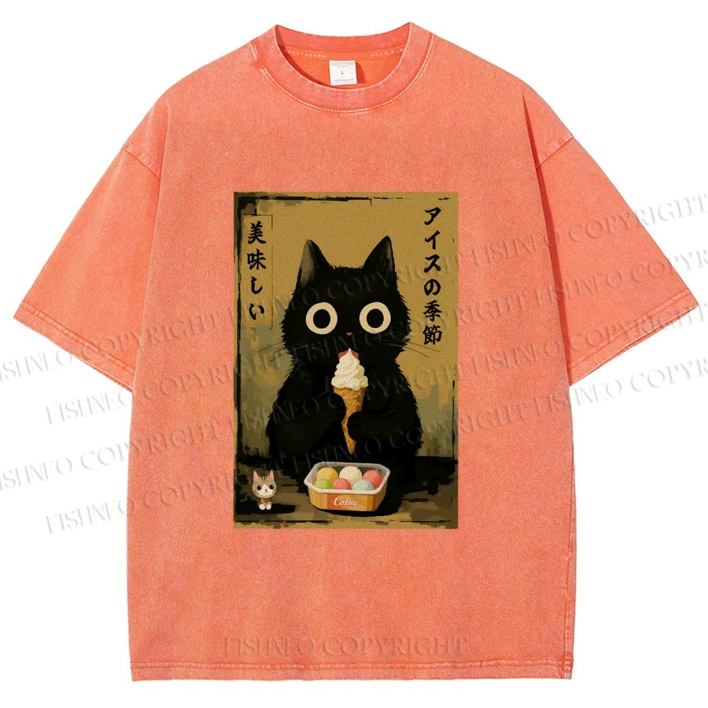 Unisex Ice Cream Season Cat Printed Washed Tee