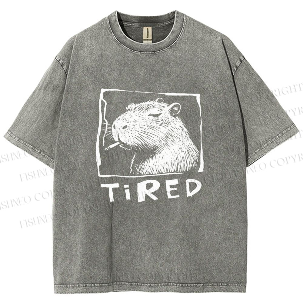 Unisex Tired Capybara Printed Washed Tee