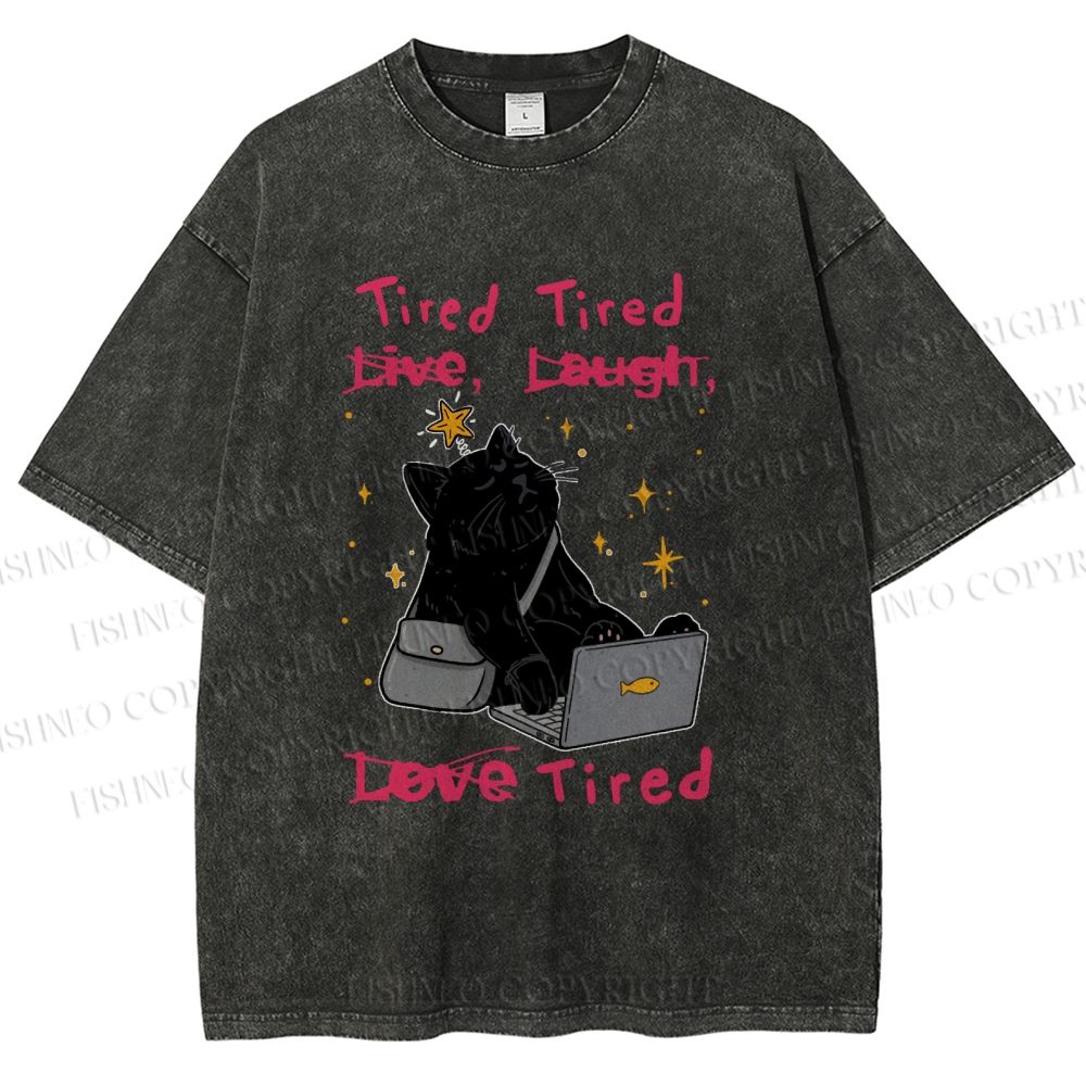 Unisex Tired Cat Vibes Printed Washed Tee