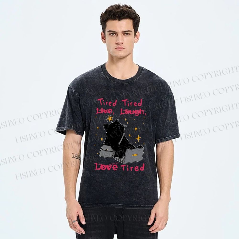 Unisex Tired Cat Vibes Printed Washed Tee