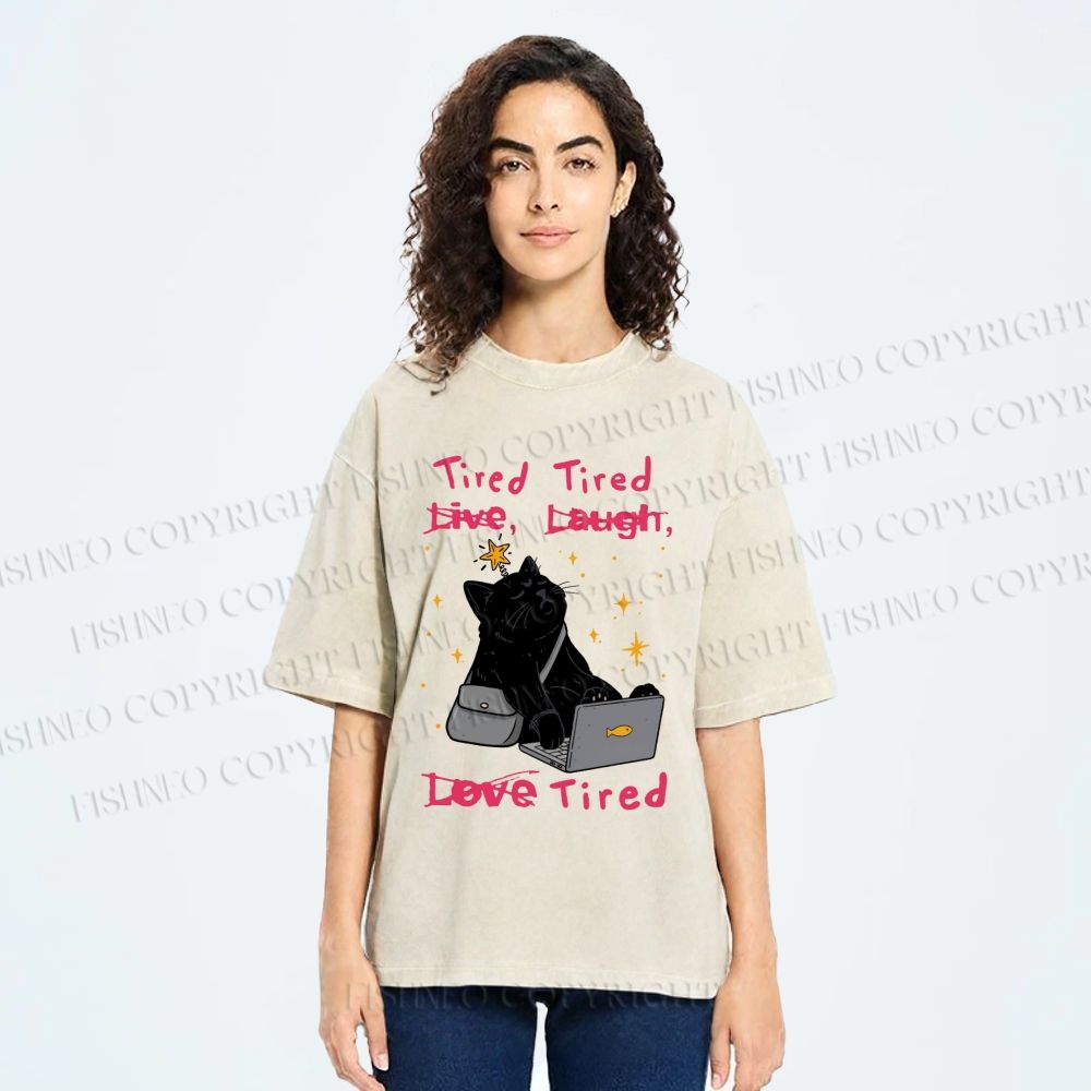 Unisex Tired Cat Vibes Printed Washed Tee