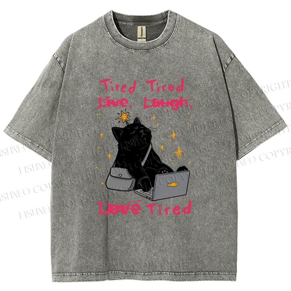 Unisex Tired Cat Vibes Printed Washed Tee