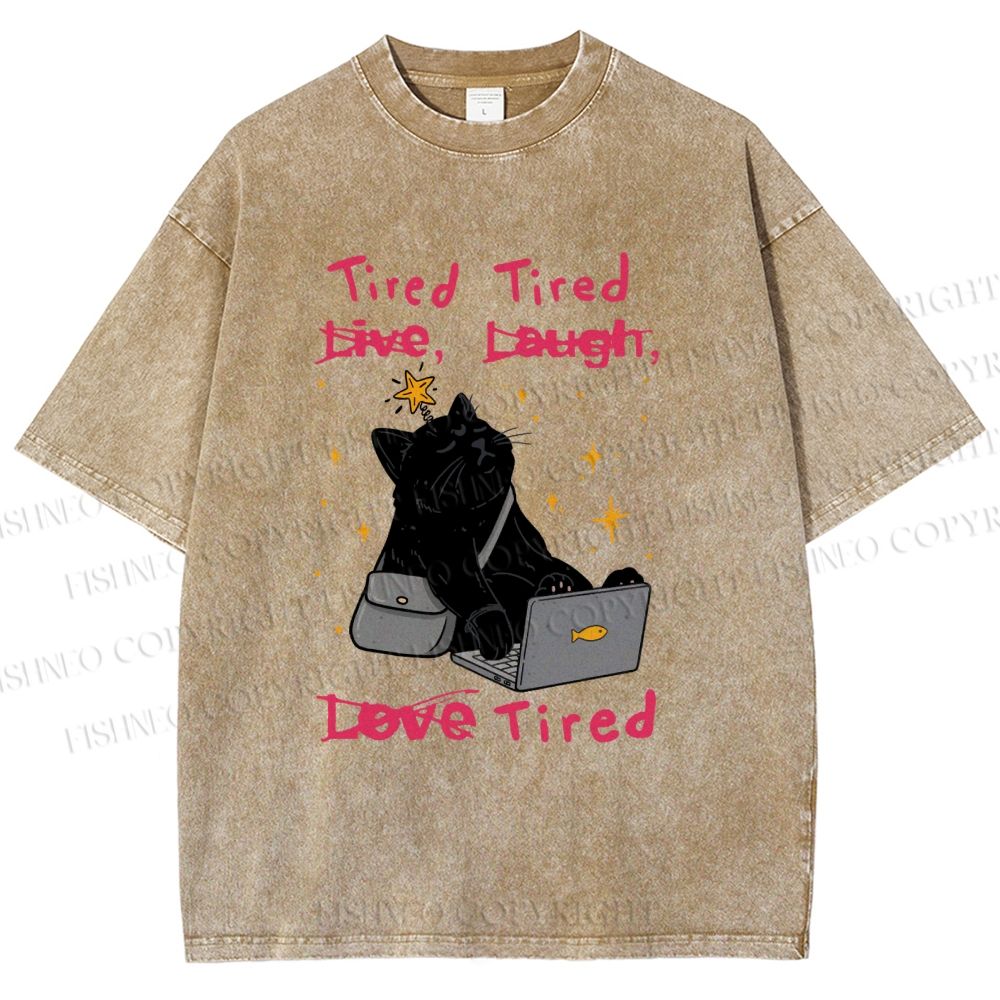 Unisex Tired Cat Vibes Printed Washed Tee