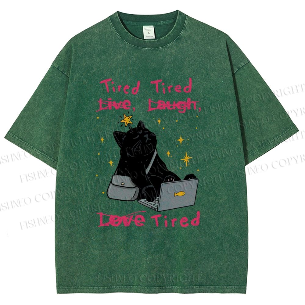 Unisex Tired Cat Vibes Printed Washed Tee