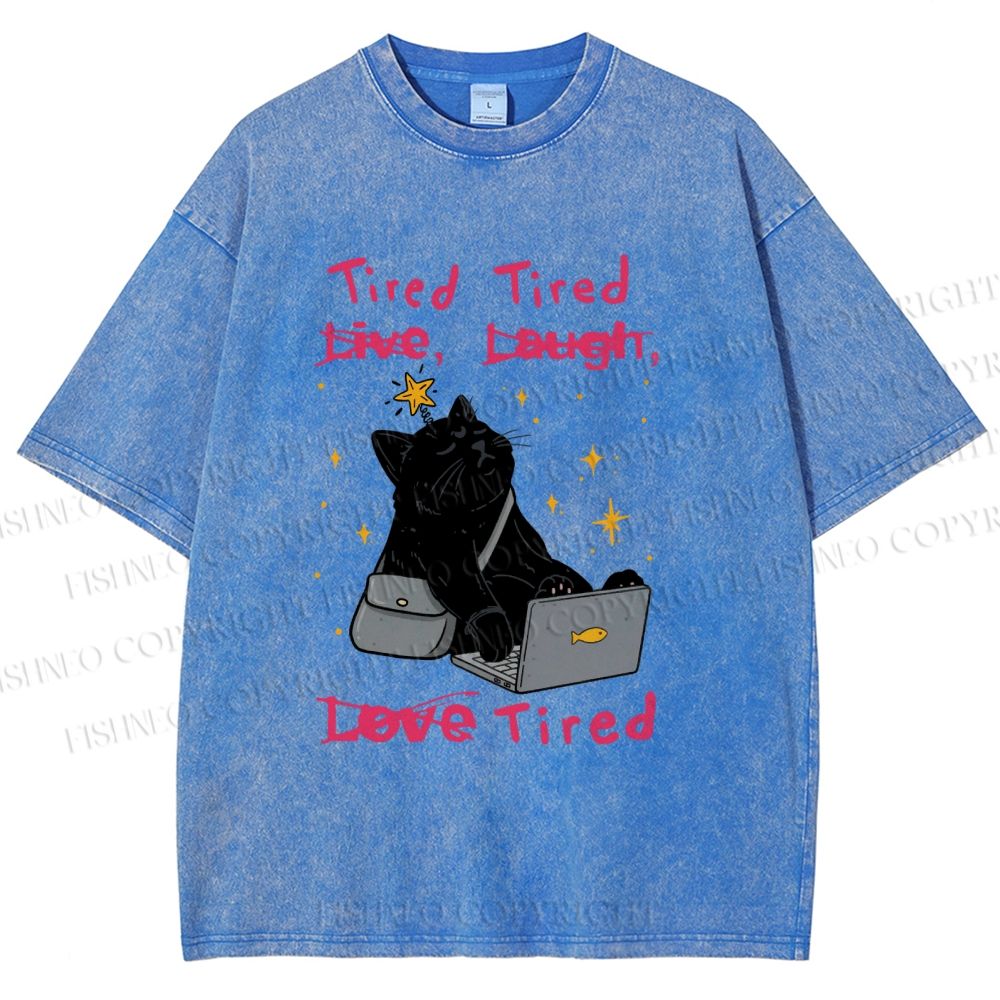 Unisex Tired Cat Vibes Printed Washed Tee