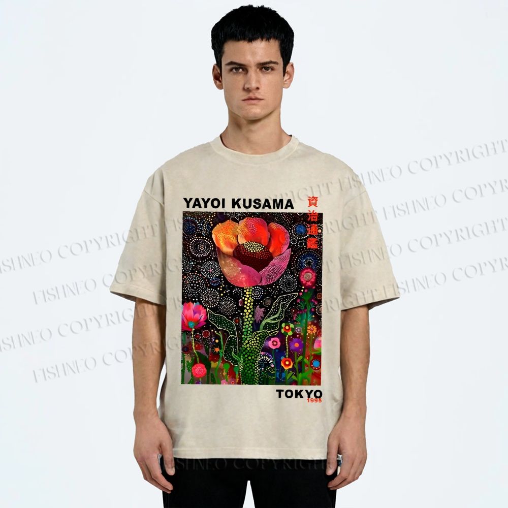 Unisex Yayoi Kusama Flower Printed Washed Tee