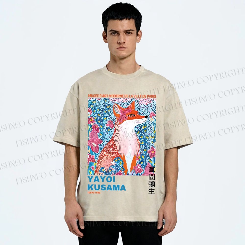 Unisex Yayoi Kusama Fox Printed Washed Tee