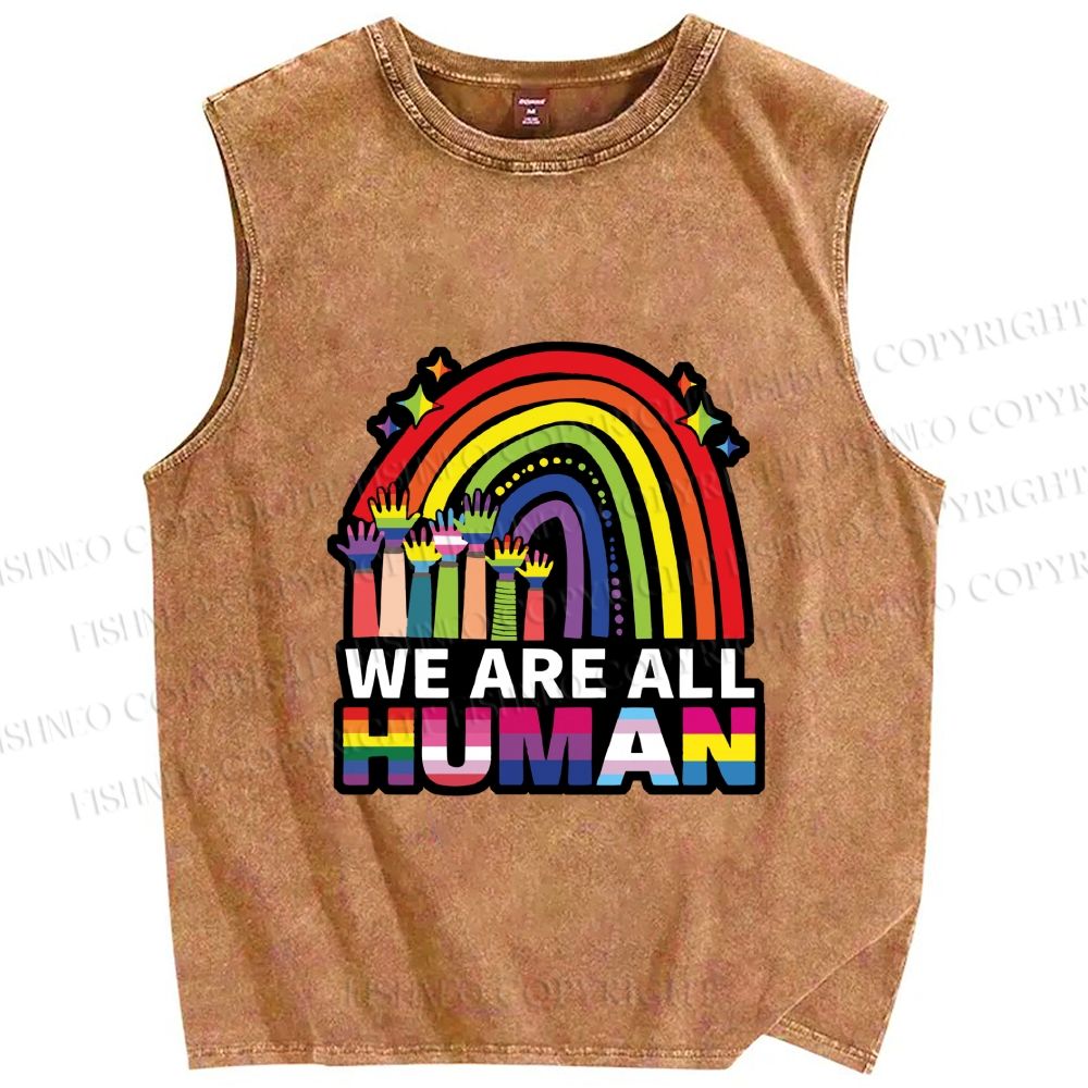 Unisex Pride We Are All Human Printed Washed Tank Top