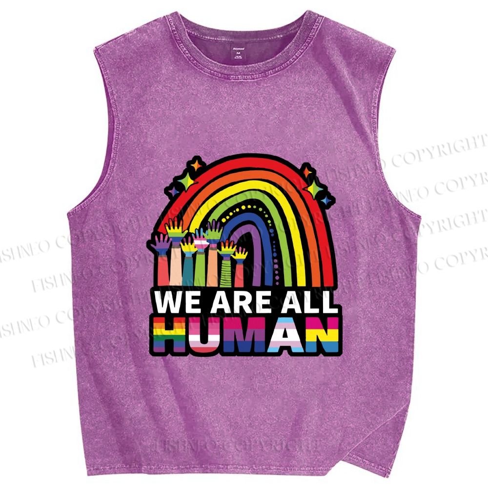 Unisex Pride We Are All Human Printed Washed Tank Top