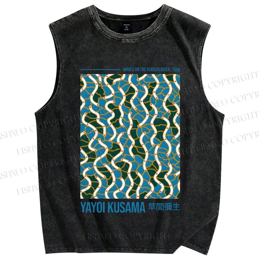 Unisex Yayoi Kusama Waves on the Hudson River Printed Washed Tank Top