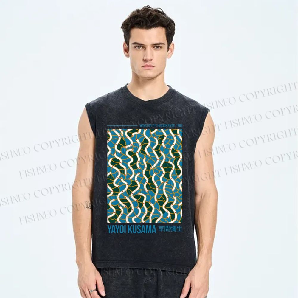 Unisex Yayoi Kusama Waves on the Hudson River Printed Washed Tank Top