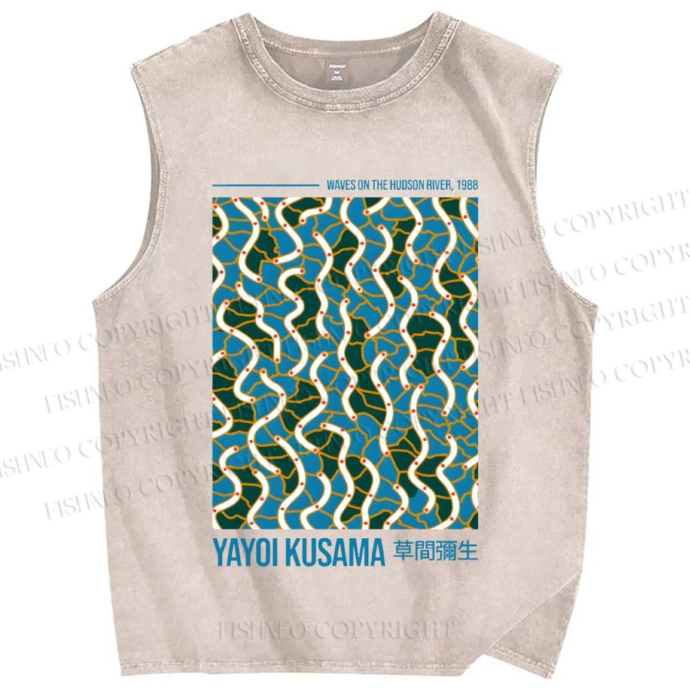 Unisex Yayoi Kusama Waves on the Hudson River Printed Washed Tank Top