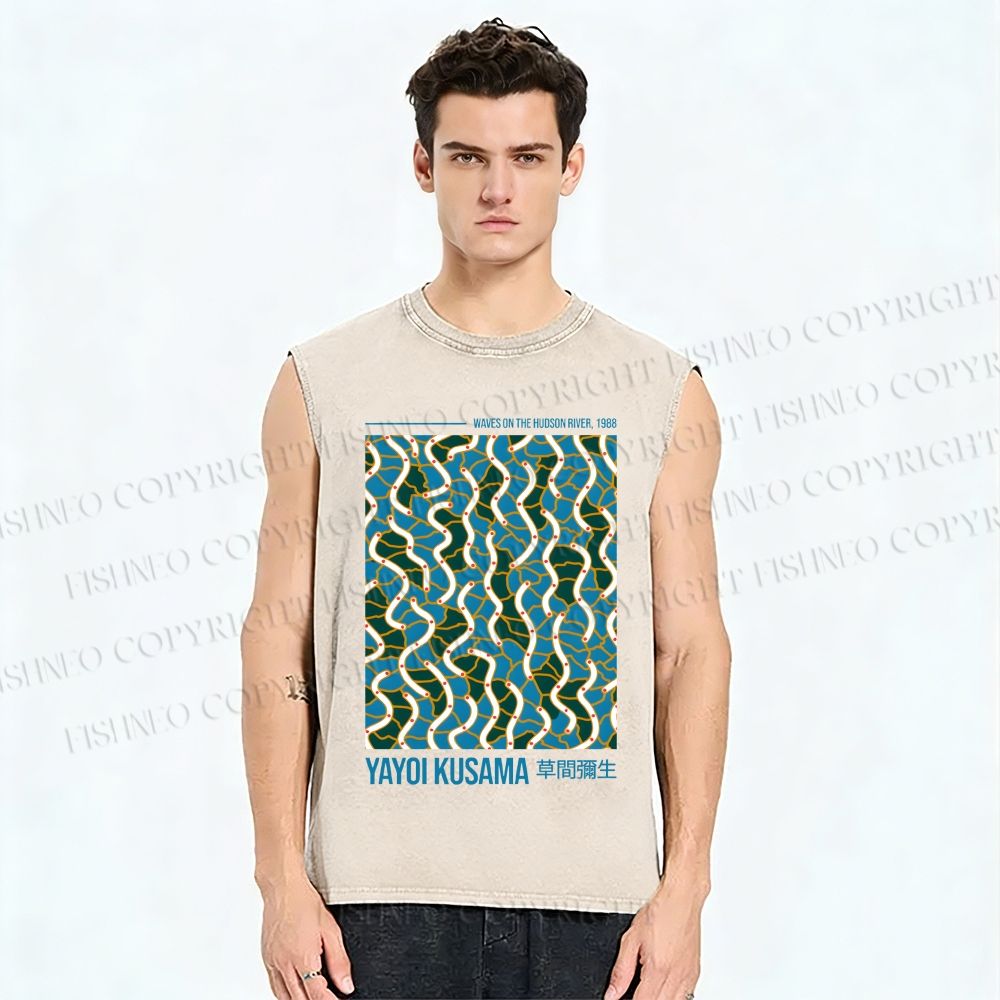 Unisex Yayoi Kusama Waves on the Hudson River Printed Washed Tank Top