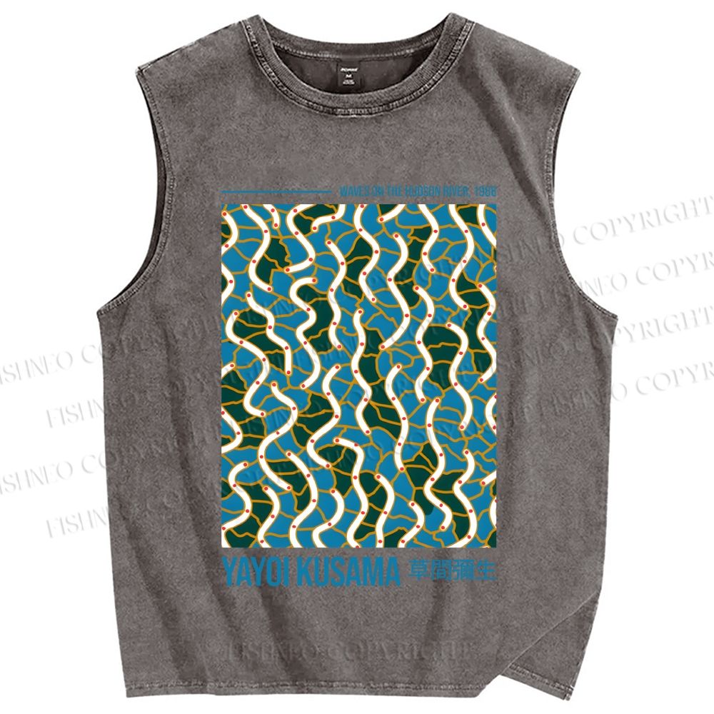 Unisex Yayoi Kusama Waves on the Hudson River Printed Washed Tank Top