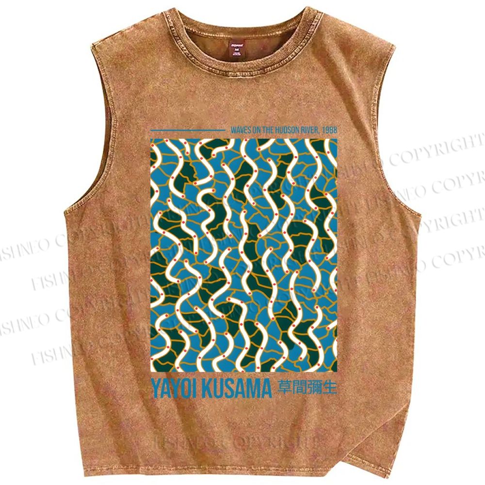 Unisex Yayoi Kusama Waves on the Hudson River Printed Washed Tank Top