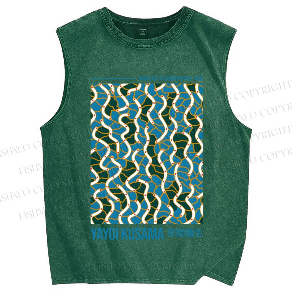 Unisex Yayoi Kusama Waves on the Hudson River Printed Washed Tank Top