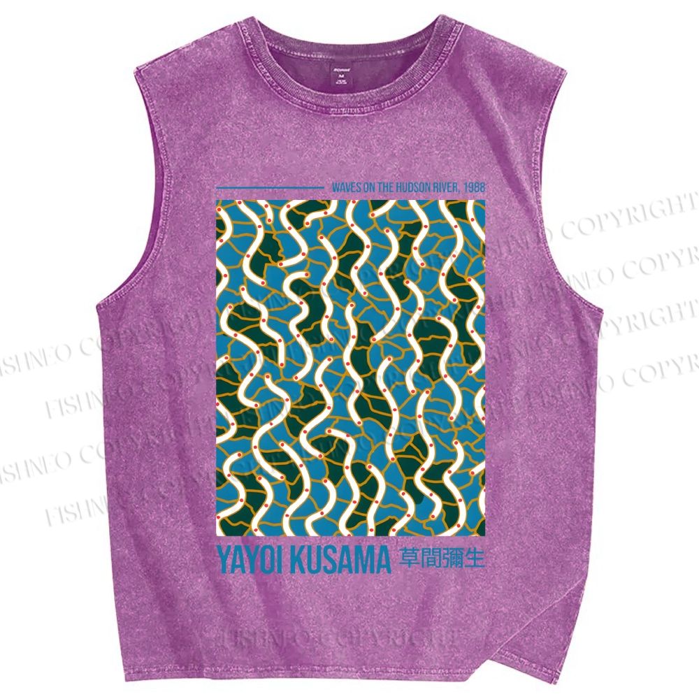Unisex Yayoi Kusama Waves on the Hudson River Printed Washed Tank Top