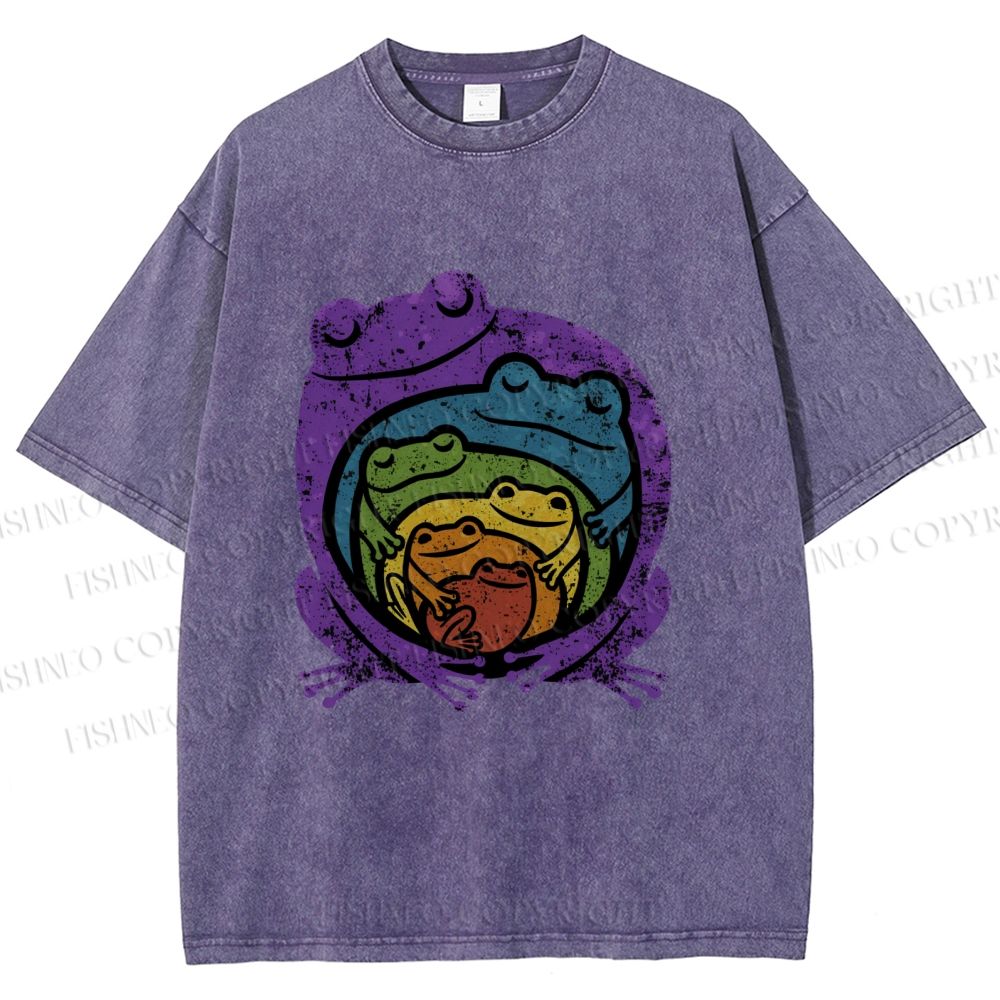 Unisex Rainbow Frogs Hugging Printed Washed Tee