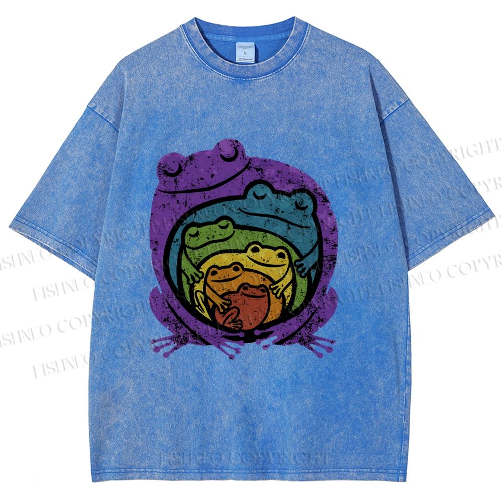Unisex Rainbow Frogs Hugging Printed Washed Tee