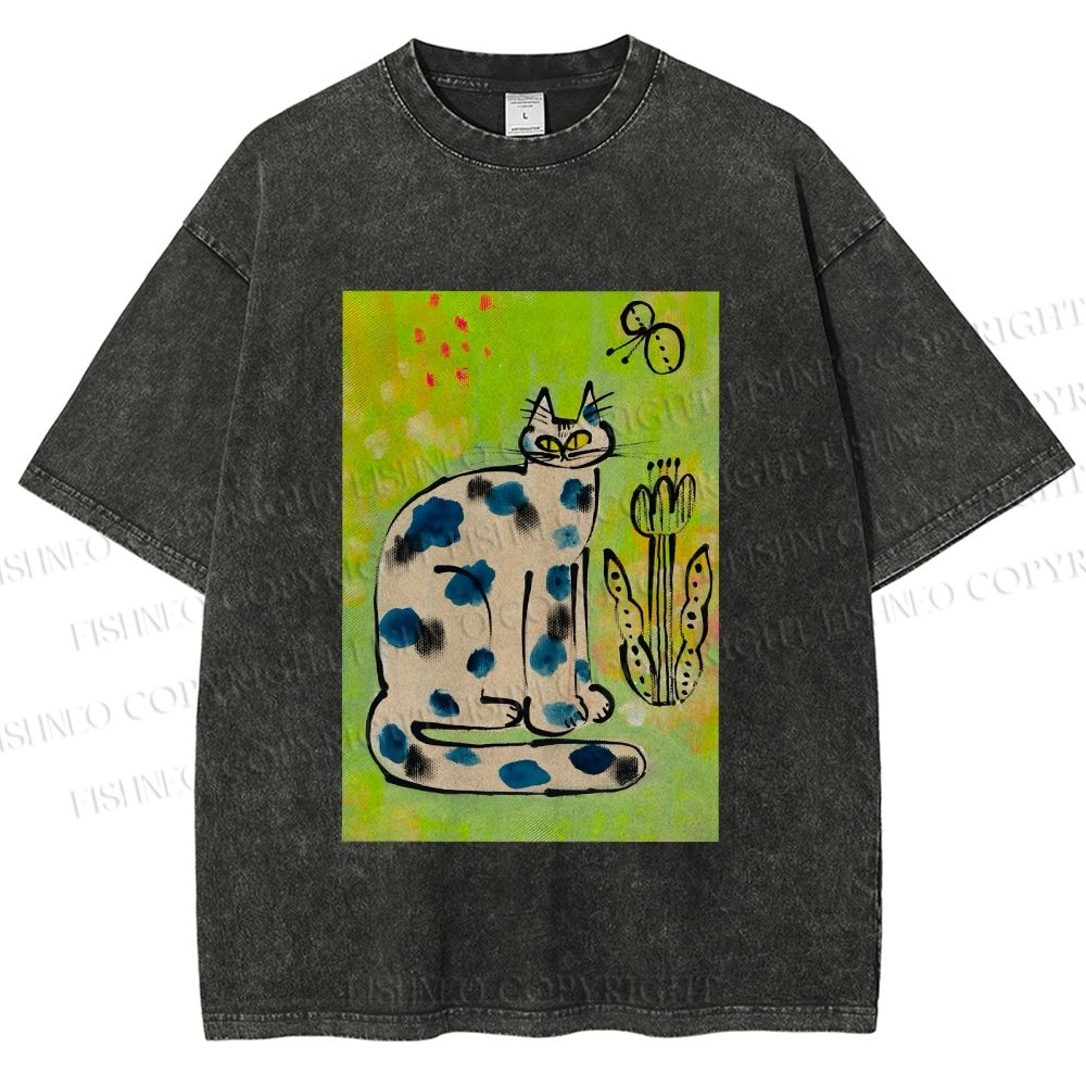 Unisex Painterly Spotted Cat Printed Washed Tee