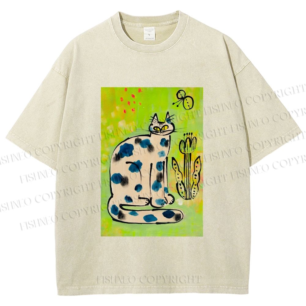 Unisex Painterly Spotted Cat Printed Washed Tee
