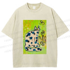 Unisex Painterly Spotted Cat Printed Washed Tee