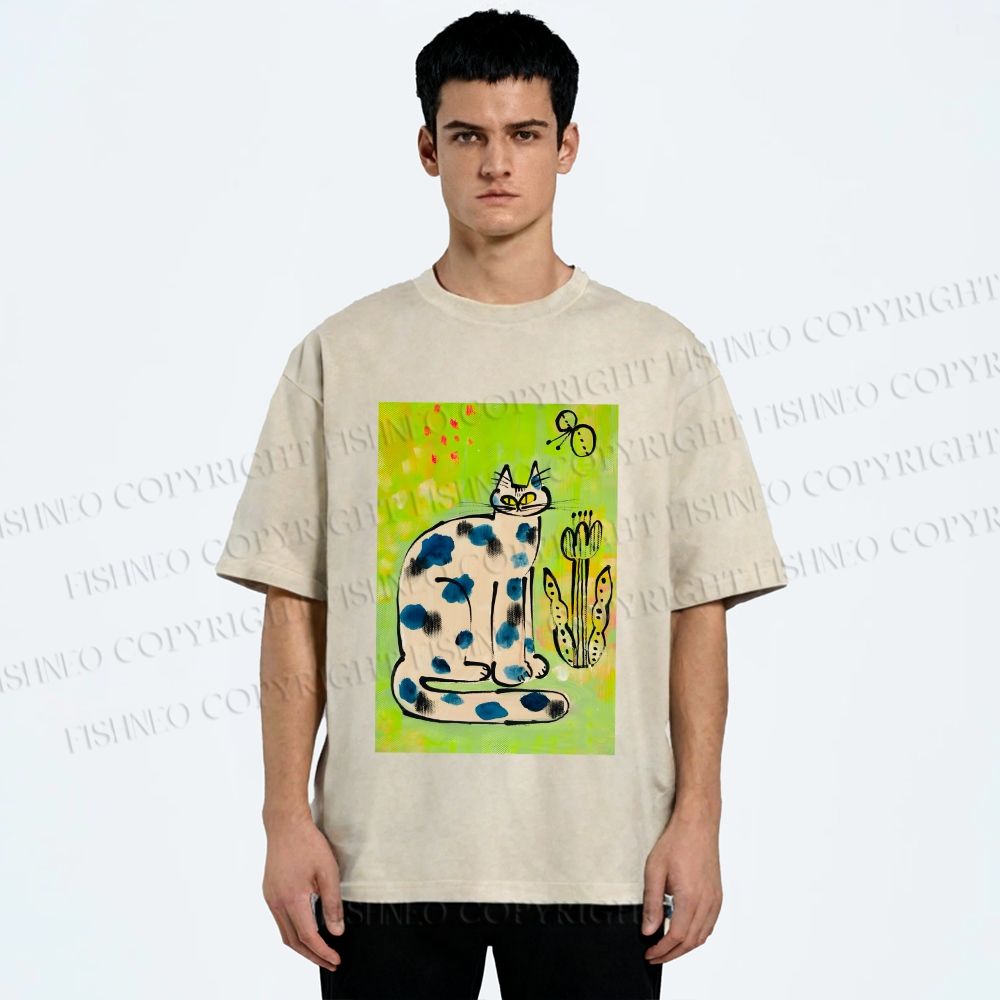 Unisex Painterly Spotted Cat Printed Washed Tee