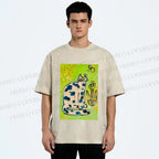 Unisex Painterly Spotted Cat Printed Washed Tee