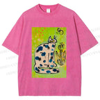 Unisex Painterly Spotted Cat Printed Washed Tee