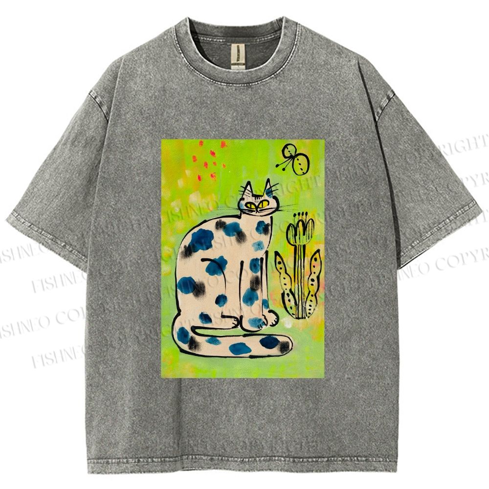 Unisex Painterly Spotted Cat Printed Washed Tee