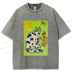Unisex Painterly Spotted Cat Printed Washed Tee