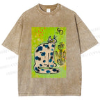 Unisex Painterly Spotted Cat Printed Washed Tee