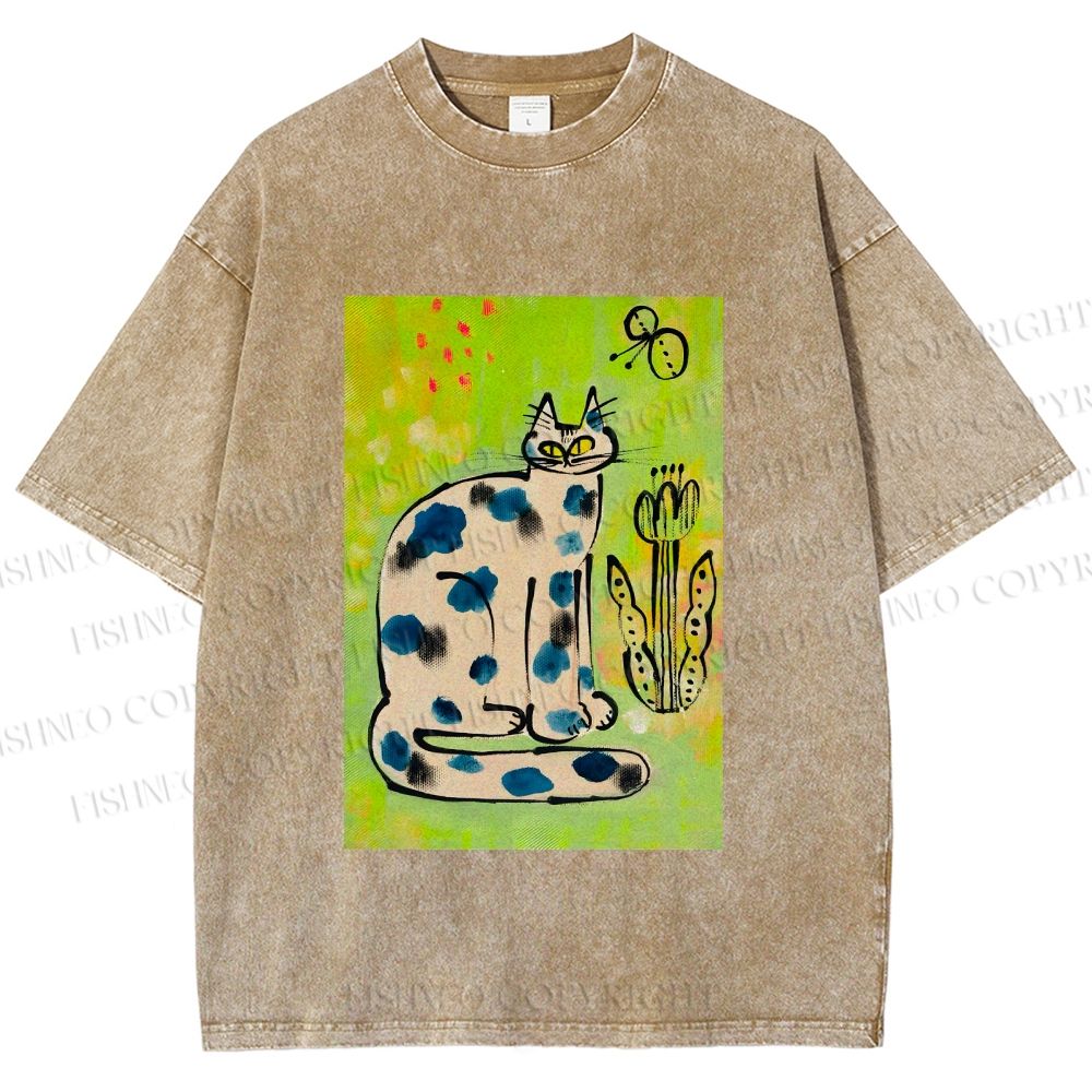 Unisex Painterly Spotted Cat Printed Washed Tee