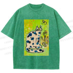 Unisex Painterly Spotted Cat Printed Washed Tee