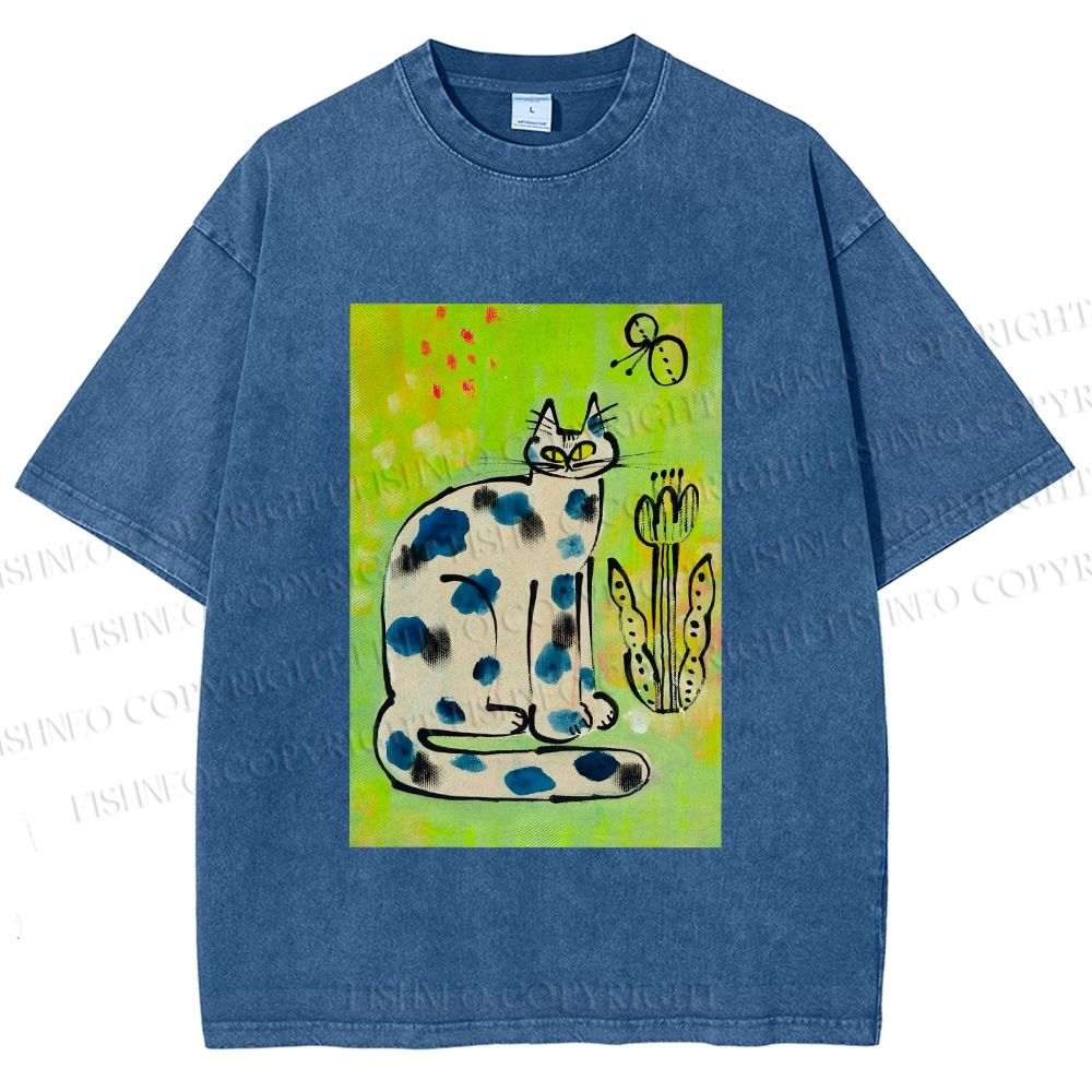 Unisex Painterly Spotted Cat Printed Washed Tee