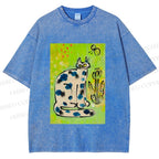 Unisex Painterly Spotted Cat Printed Washed Tee