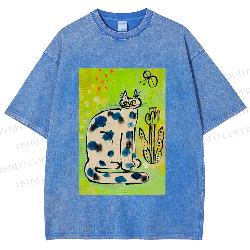 Unisex Painterly Spotted Cat Printed Washed Tee