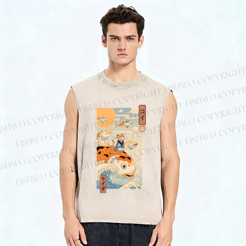 Unisex Koi Printed Washed Tank Top
