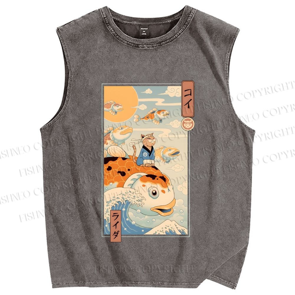 Unisex Koi Printed Washed Tank Top