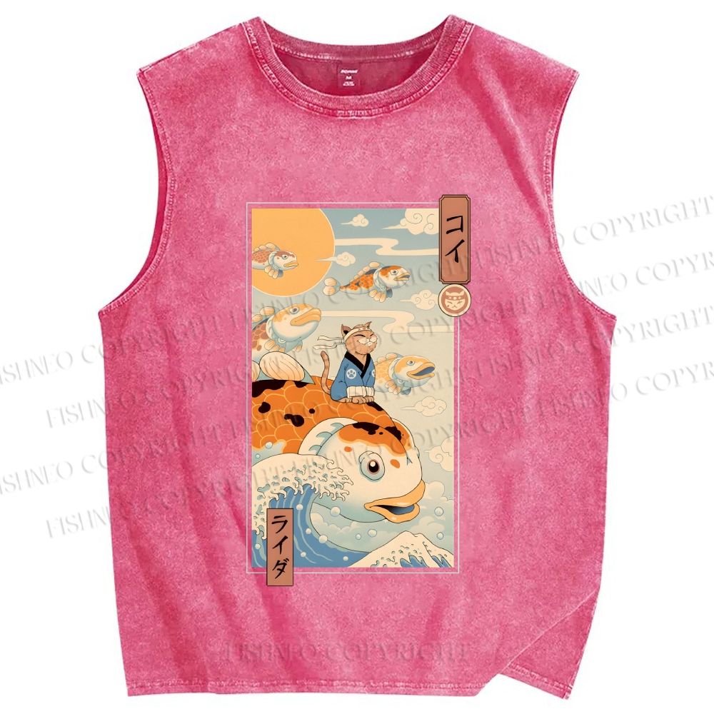 Unisex Koi Printed Washed Tank Top