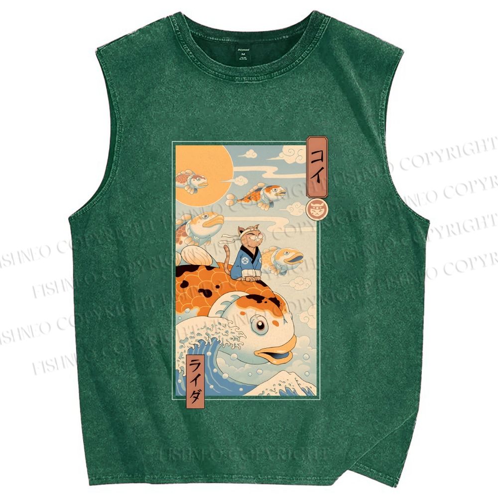 Unisex Koi Printed Washed Tank Top